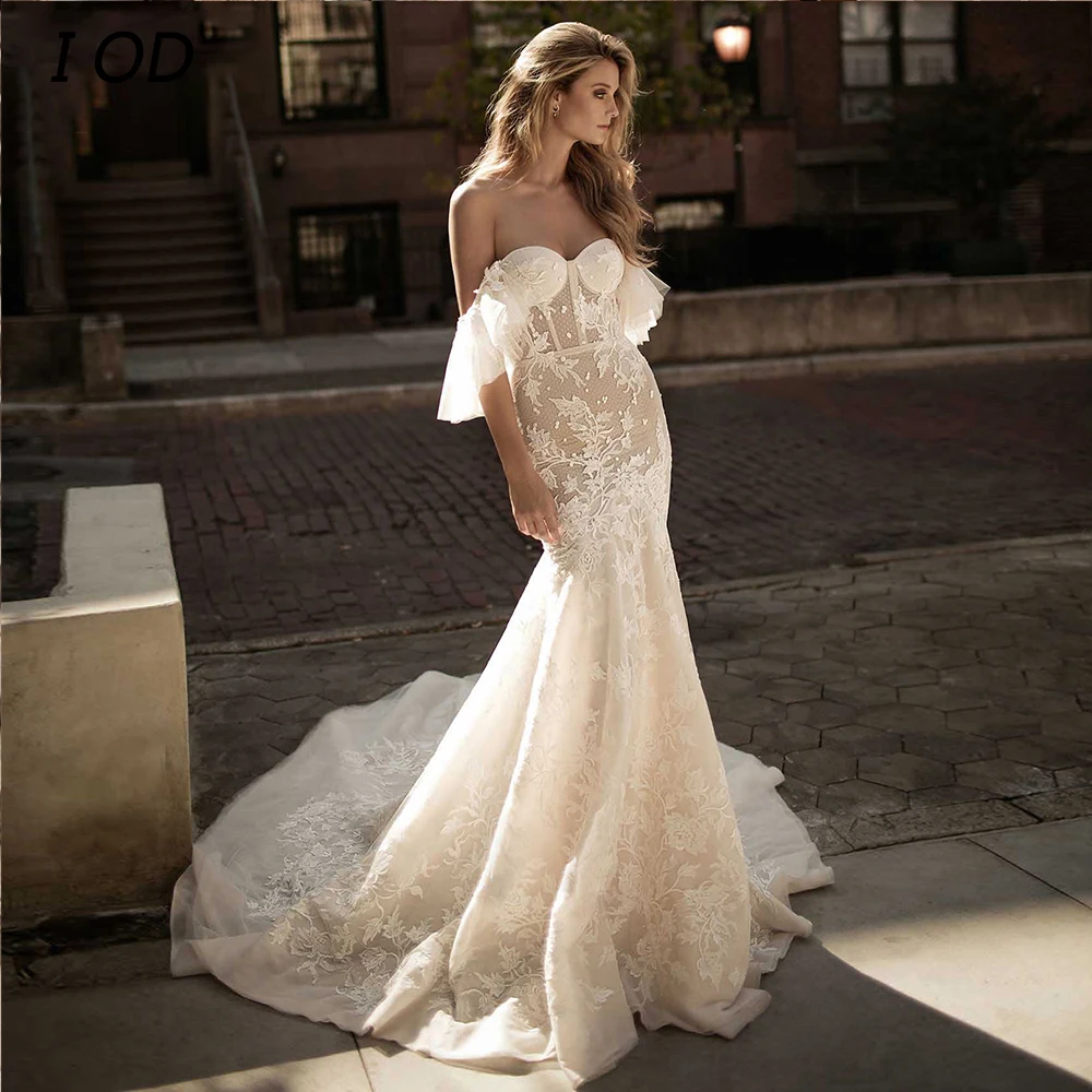 

I OD Elegant Off Shoulder Mermaid Wedding Dress Sweetheart Lace Appliques Backless Bridal Gown Floor Length Vestidos De Novia
