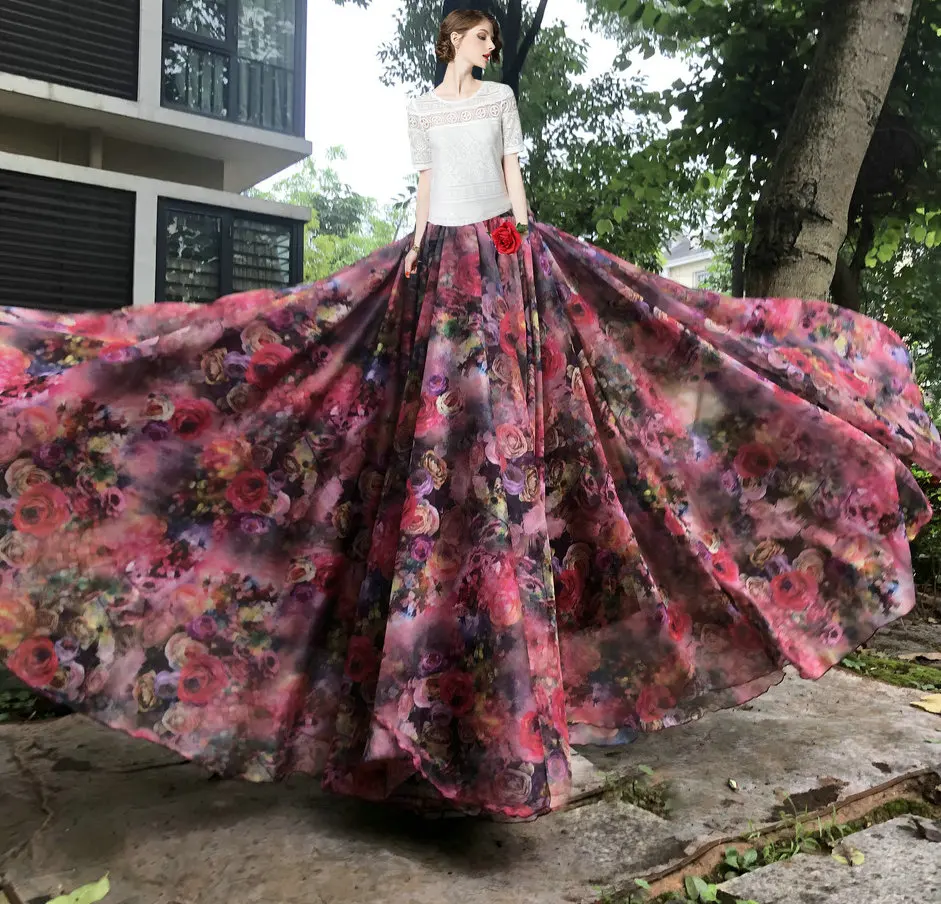 2024 Summer Floral Pattern Chiffon Women's Long Skirt