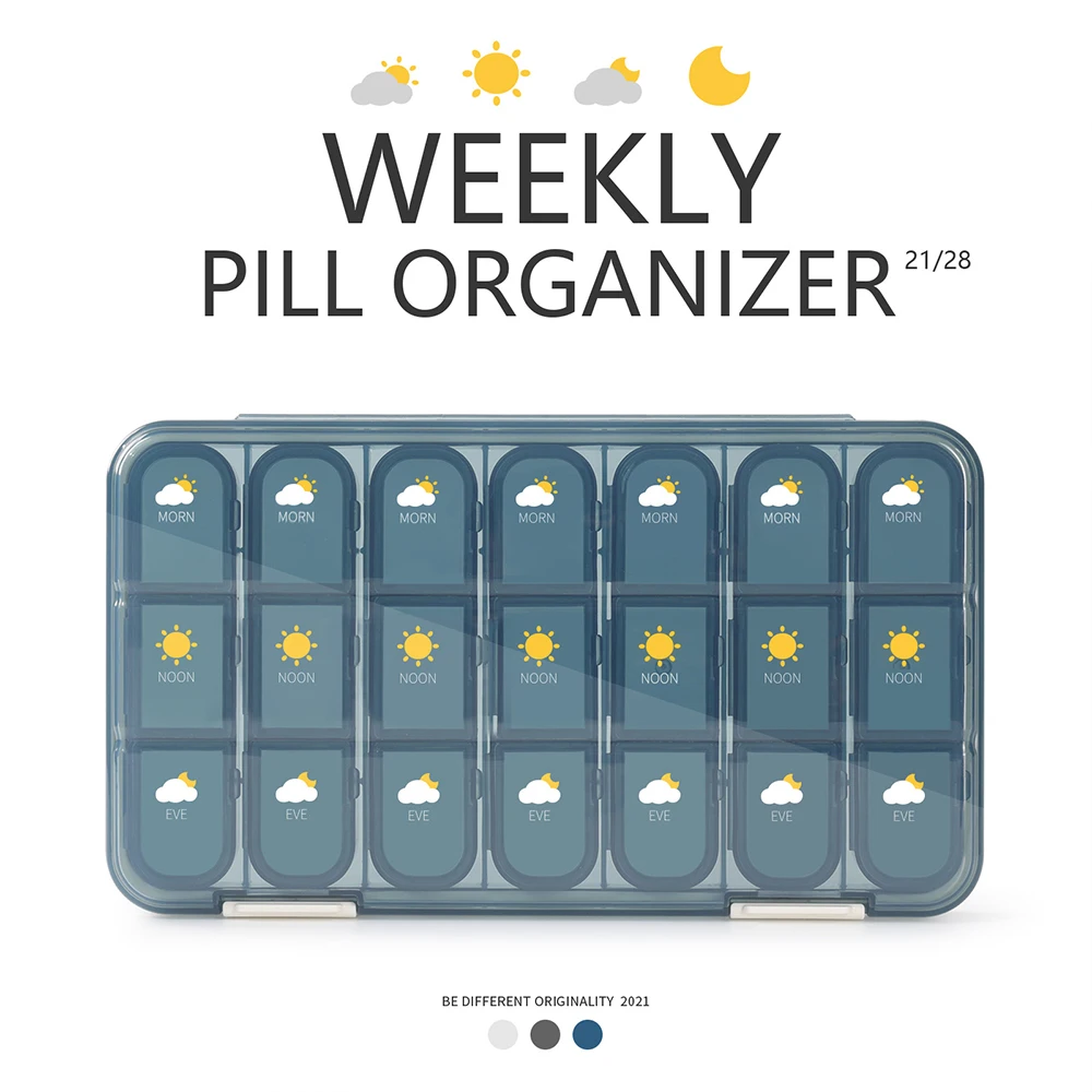 Weekly Pill Organizer 21/28 Grid Pills Case Container 7-Days Compartments for Tablet Vitamin Medicine Storage Moisture Resistant