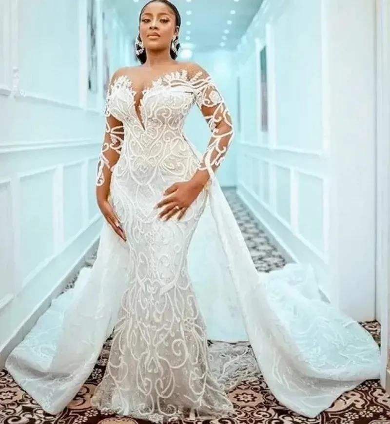

Plus Size Mermaid 2024 Wedding Dress With Detachable Train Beaded Lace Appliqued Bridal Gowns Custom Made Robe De Mariee