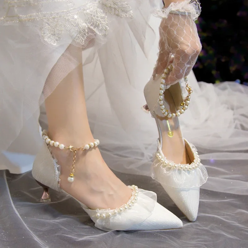 Luxury Silk White Wedding Shoes for Women 2023 Summer Pearl Ankle Straps High Heels Pumps Woman Pointed Toe Heeled Dress Shoes 1 Luxury Silk White Wedding Shoes for Women 2023 Summer Pearl Ankle Straps High Heels Pumps Woman Pointed Toe Heeled Dress Shoes 1