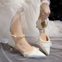 Luxury Silk White Wedding Shoes for Women 2023 Summer Pearl Ankle Straps High Heels Pumps Woman Pointed Toe Heeled Dress Shoes 1