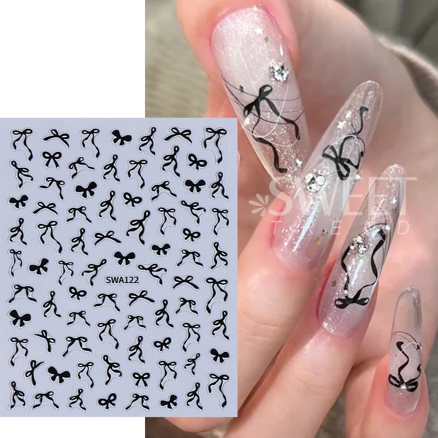 4pcs Streamer Bow Nail Art Stickers Black White Red Pink Irregular Bow Design Nail Decals DIY Elegant Slider Manicure Decoration
