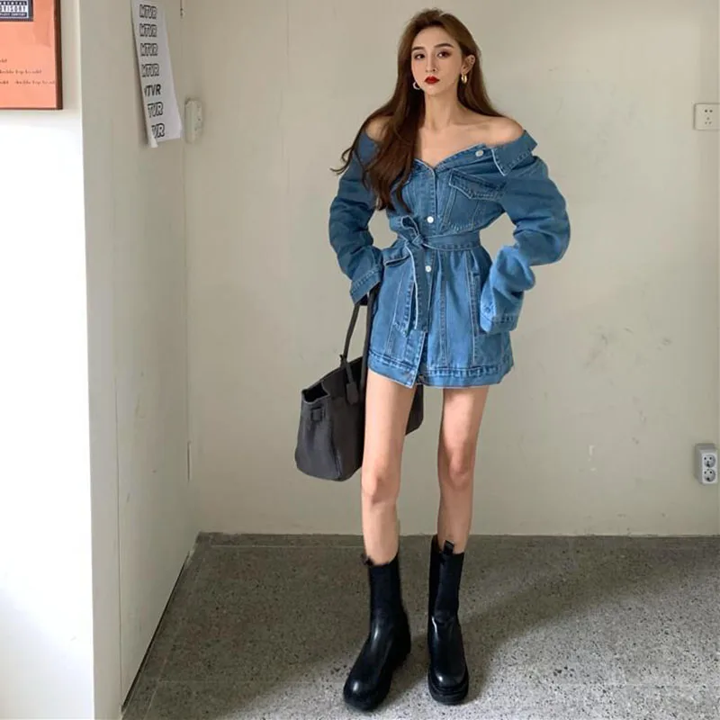 Vintage Off Shoulder Denim Jacket Women Korean Waist Lace Up Cardigan Tops Woman High Street Single Breasted Blue Jean Coats