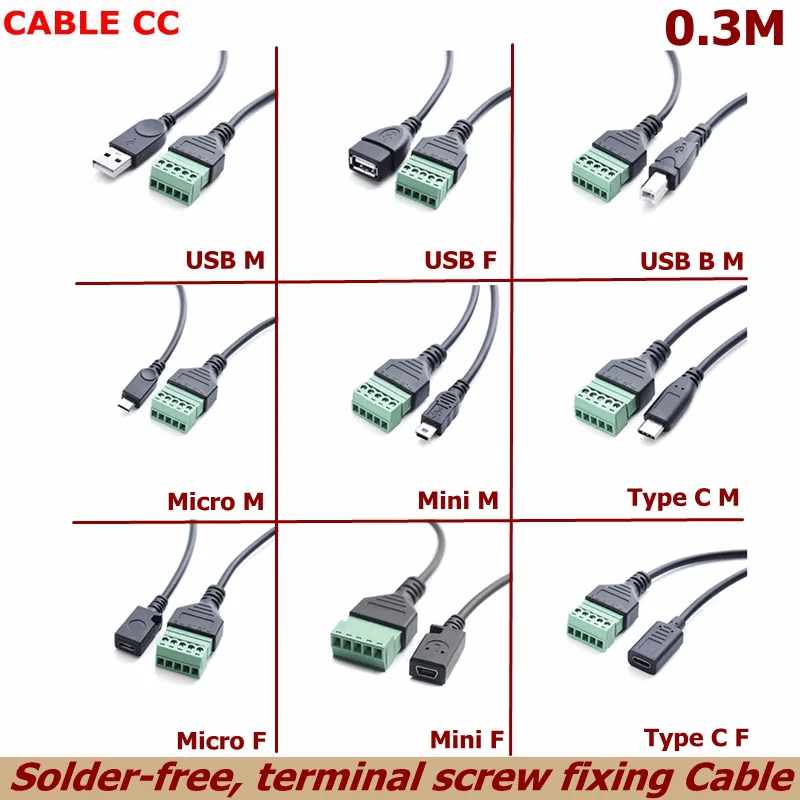 USB 2.0 Female B Micro usb mini usb Type-C Male to 5 Pin Female Bolt Screw  Connector with Shield Terminal Plug Adapter Cable 1ft