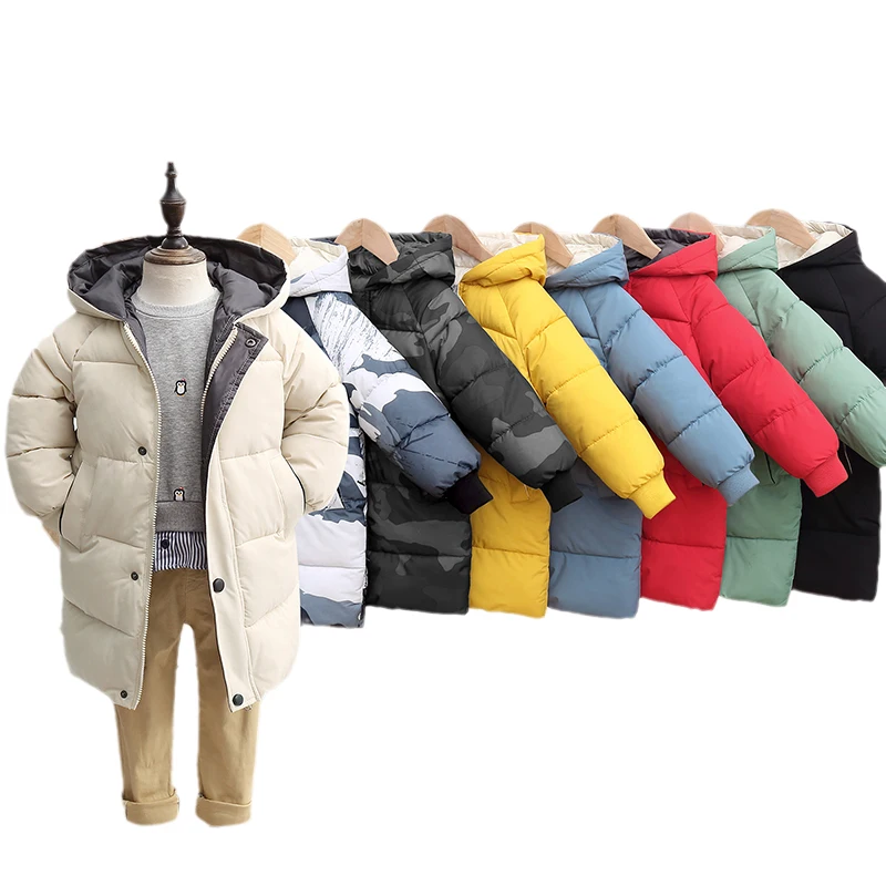 Young Children's Winter Down Jackets Fashion Boys Girls Cotton-Padded Hooded Parkas Kids Outerwear Long Coats Teenage Overcoats