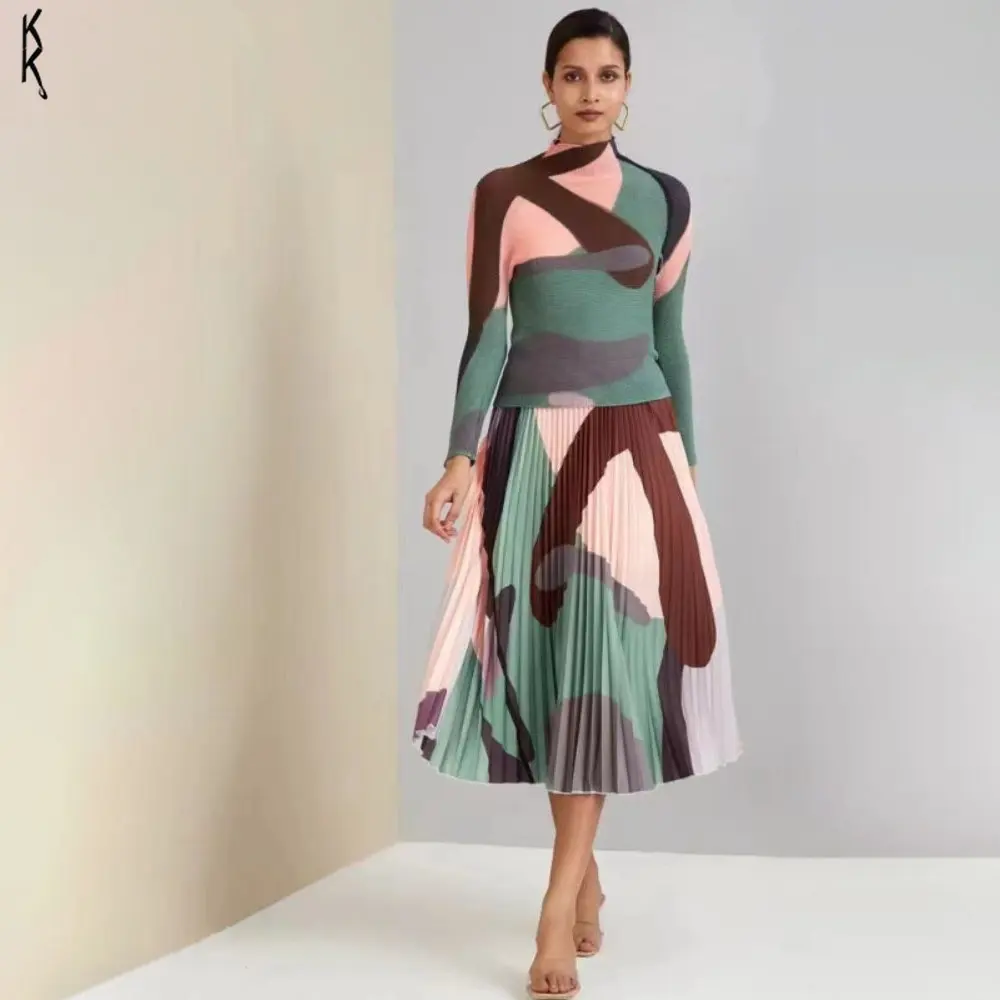 

Two Piece Set Miyake Corn Pleated Print Half-high Collar Long Sleeve Top and High Waist Pleated Skirt Women Sets 2024 Summer New