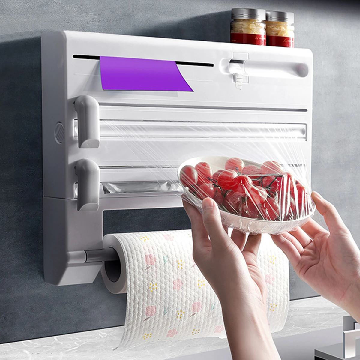 Description Picture 4 of item6 In1 Kitchen Wrap Dispenser Foil and Plastic Wrap Organizer with Roll Holder Wall Mounted Film Wrap Dispenser Easy Installation