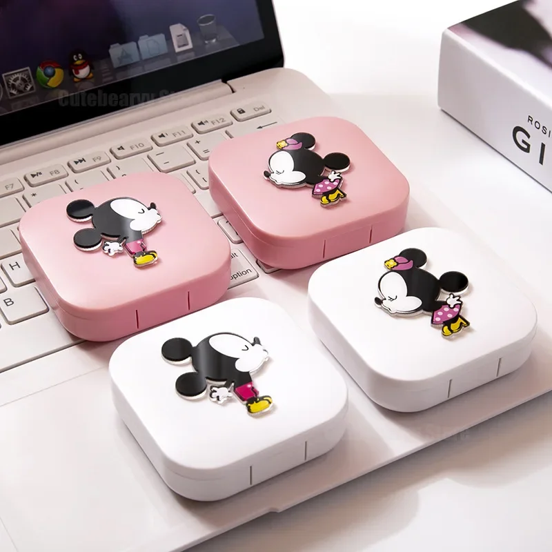Disney Mickey Contact Lens Case Cute Cartoon Minnie Portable Make Up Beauty Pupil Storage Lenses Box Mirror Container Travel Kit