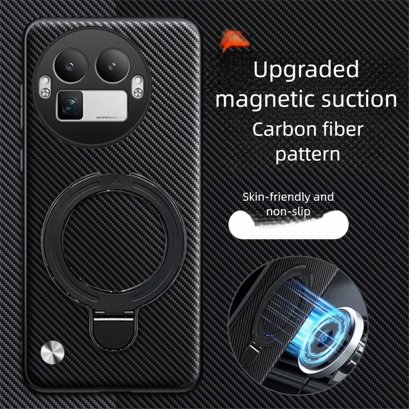 Carbon Fiber Magnetic Ring Stand Protective Case - Hard PU Back Cover