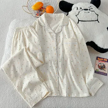 طباعة البولكا نقطة النساء منامة ملابس خاصة الكورية بيجامة مجموعة طويلة 2 قطعة مجموعة الخريف جديد عادية مريحة المنزل دعوى وتتسابق الحلو