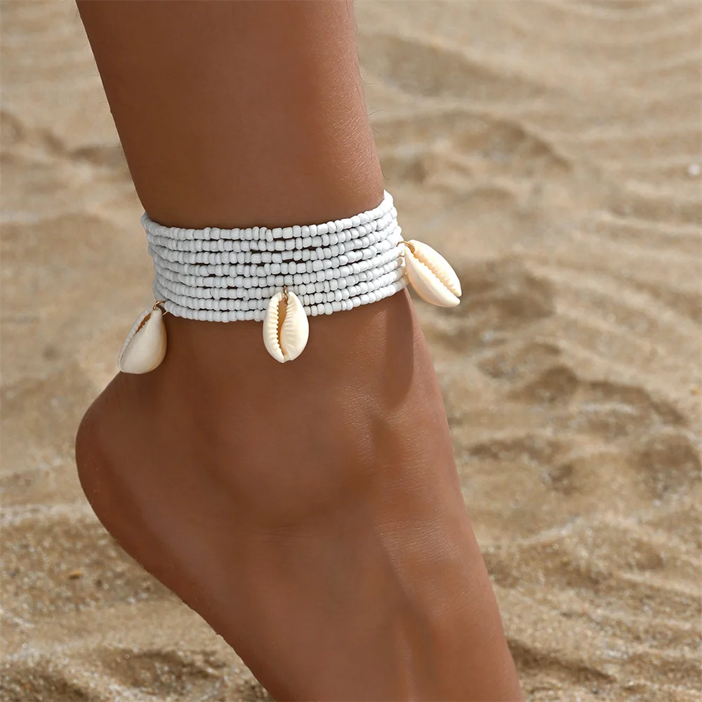 White Rice Beads Conch Pendant Anklets For Women 2pcs/Set Versatile Foot Chains Ankle Bracelet Beach Jewelry Summer Accessories