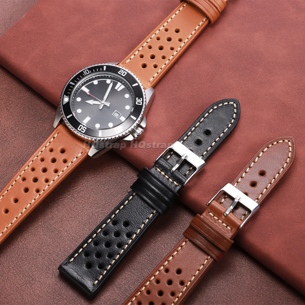 Premium Handcrafted Vintage Brown & Black Leather Watch Strap – Breathable Cowhide Wristband