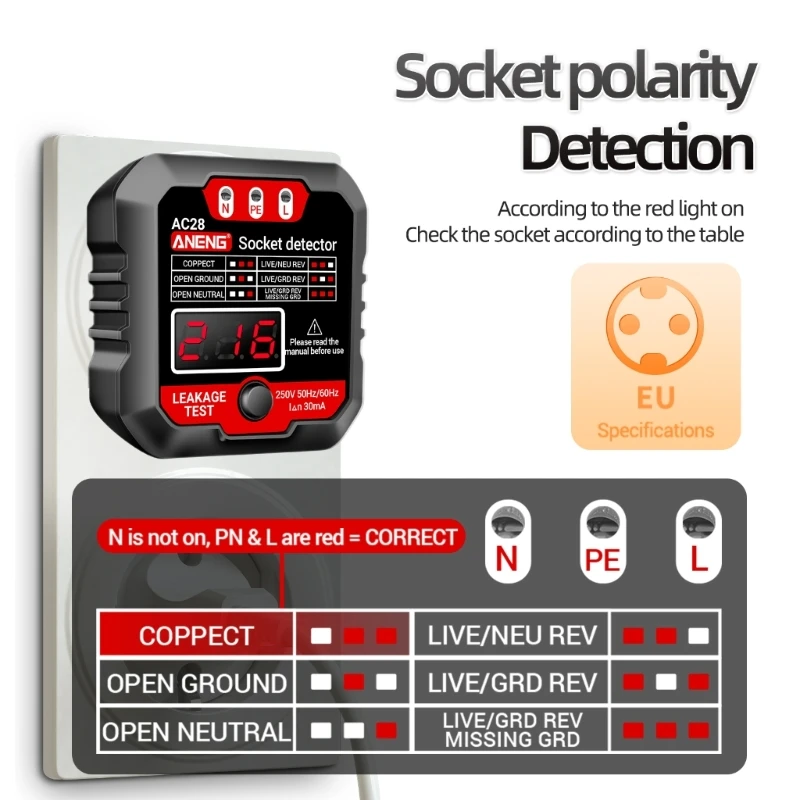 ANENG AC28 Socket Detector US/EU Universal Battery Tester Checker Test Power Socker LCD Voltage Tester Phase Meter Detector Tool 4