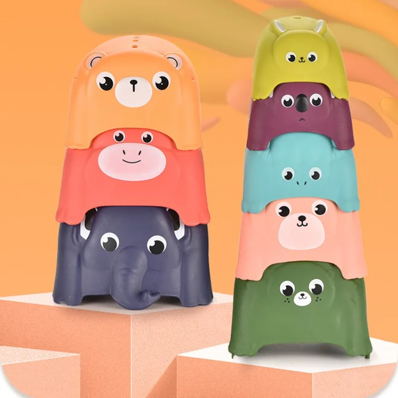 Children Cartoon Animals Stacking Cups Folding Tower Toys Baby Bath Shower Play Water Toys Colorful Early Educational Puzzle Toy