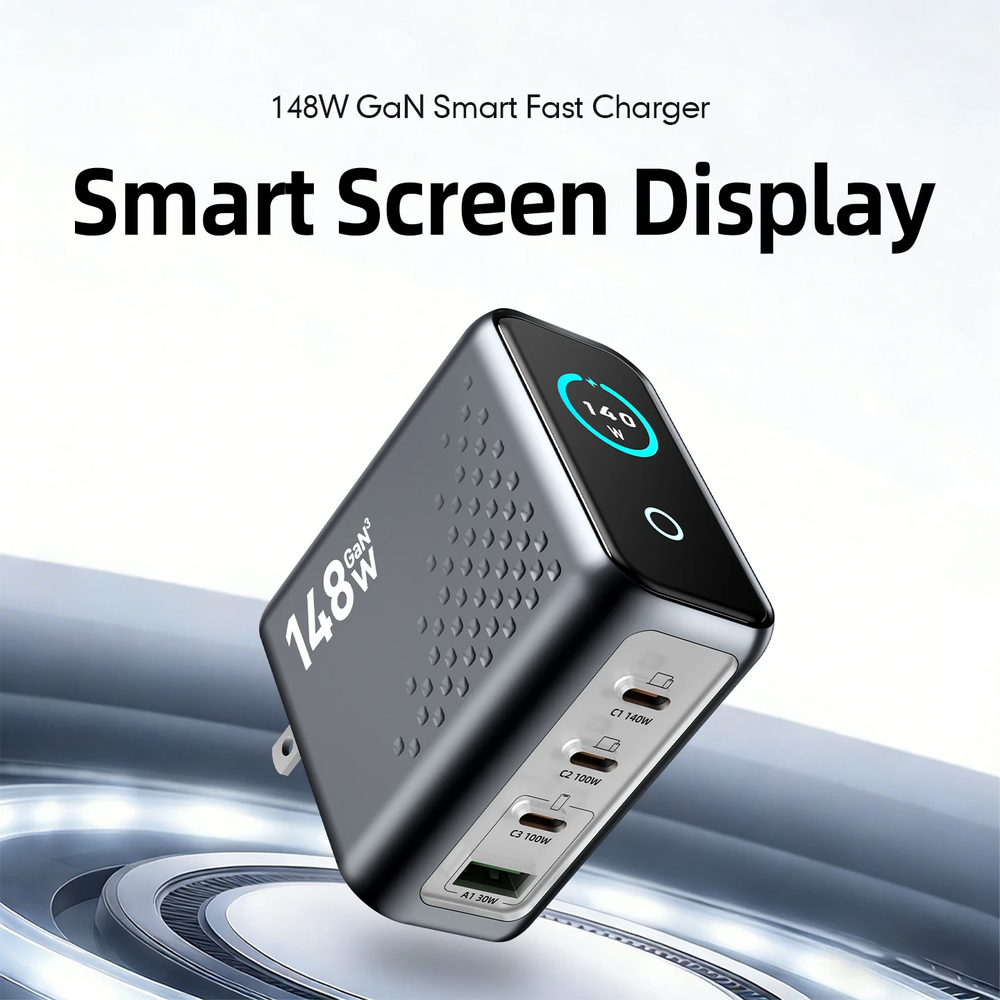 Neues 148W GaN Wandmontiertes Multi-Port-Ladegerät mit Display, 4 USB-C-Anschlüsse, 3C1A Schnellladung, Kompatibel mit Handys und Tablets