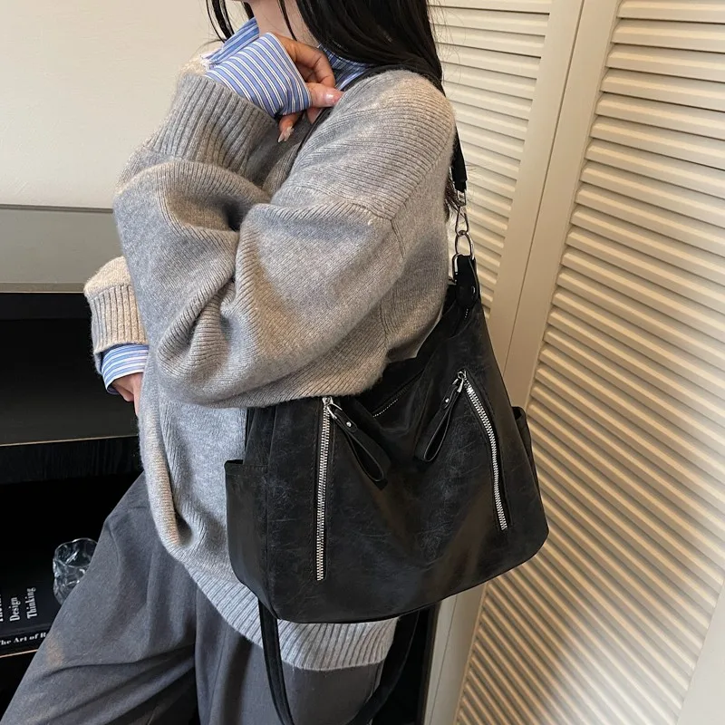 Women Frosted PU Tote Bag with Multi Zipper Underarm Bag Top-Handle Bag Large Capacity for Travel Shopping Daily Use