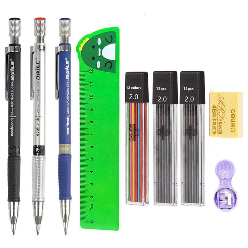 Mechanical Pencils Set Mechanical Pencil Refills 2.0mm With 2B Black/Colors Lead Refill Eraser For Student Writing Sketching Painting Automatic Pencil