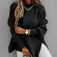 2024 New Loose Split Knitted Long Sleeve Thick Sweater Half High Neck Korean Fashion Pullover Autumn Winter Black Women Clothes - Image 2