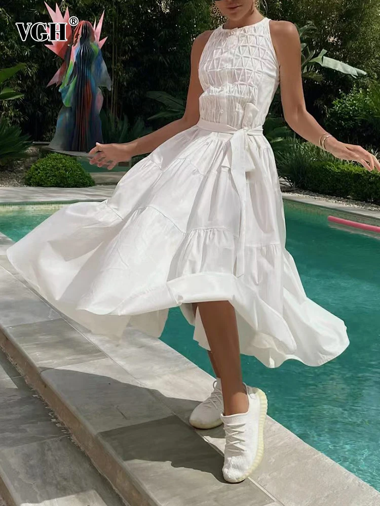 

VGH Casual Summer Pullover Dress For Women Round Neck Sleeveless High Waist Patchwork Bowknot Solid Midi Dresses Female Clothing