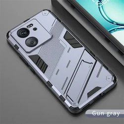 Enhanced Phone Case with Car Magnetic Holder and Kickstand - Durable Armor Back Cover in Sleek Design for Xiaomi 13T Pro (Gray)