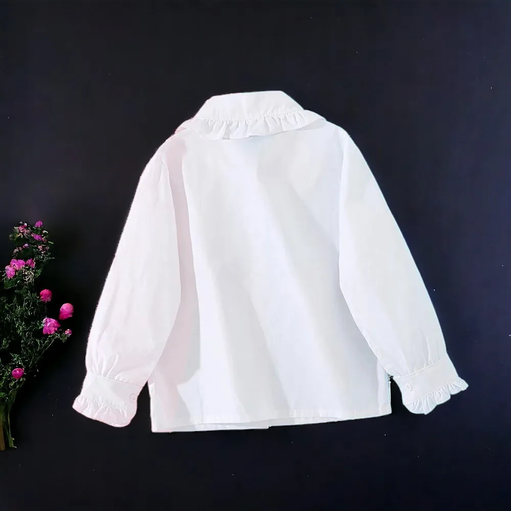 Spring Big Kids Girls Long-sleeve White School Lace Blouses Cotton Shirt