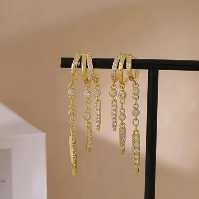 Boucles d'oreilles Triple Huggie plaquées or 14 carats pour femmes, chaîne scintillante CZ, pompon hypoallergénique, bijoux cadeaux