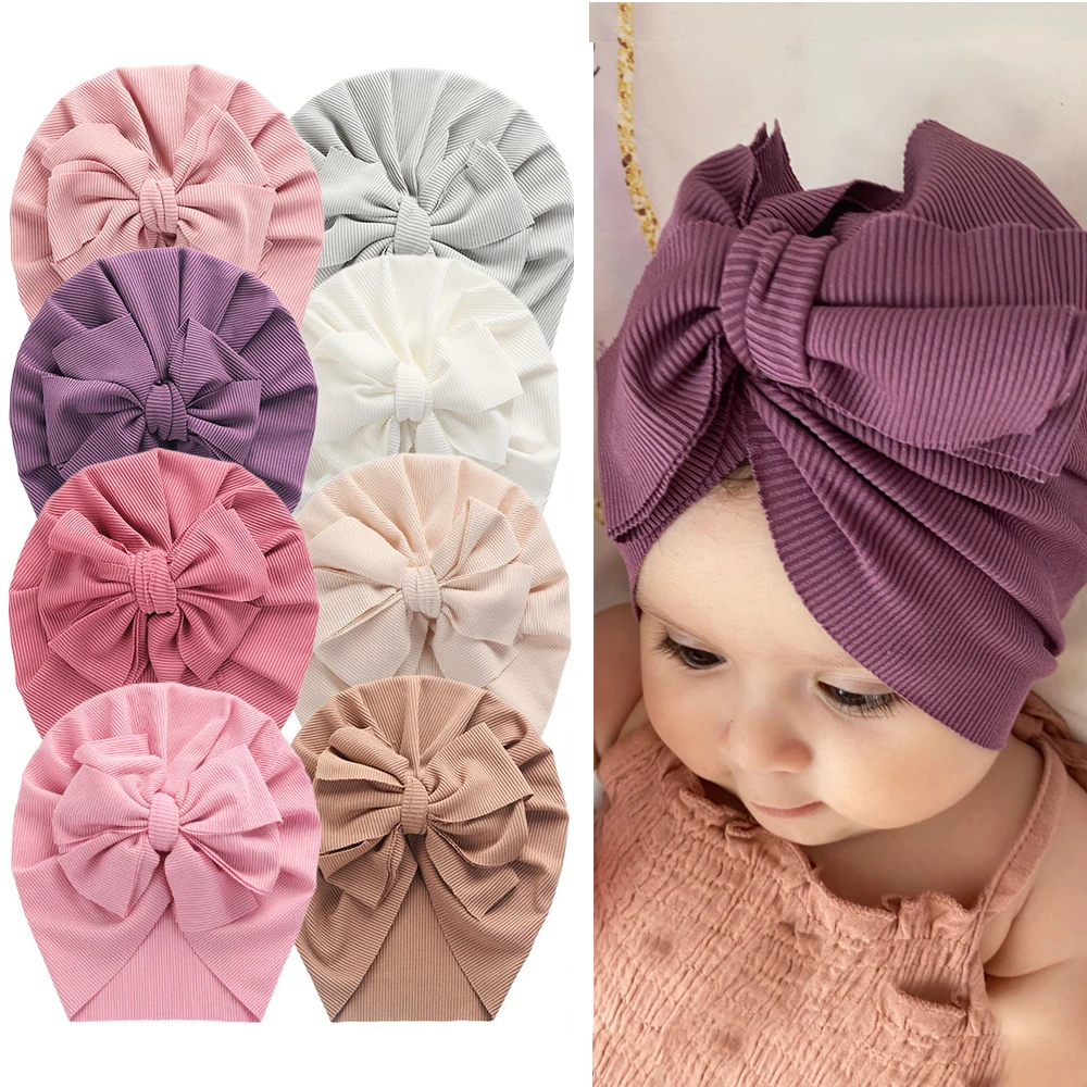 Solid Ribbed Bunny Knot Turban Hats for Baby Boys Girls Beanies Striped Thin Elastic Caps Bonnet Newborn Toddler 0-4T Headwraps solid color bowknot baby hat turban kids infant newborn bow toddler beanie caps headwraps beanies thin elastic caps