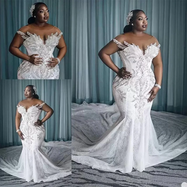 Plus Size Wedding Dress vestido de novia African Crystal Mermaid Bride Dresses Long Train Sheer Neck Custom Made Bridal Gown AliExpress
