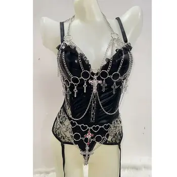 Lace Trim Bustier Top with Garter Clips and Metal Jewellery 1