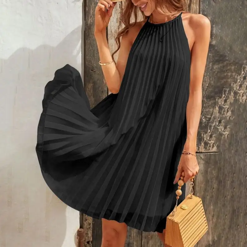 2024 Sexy Straps Mini Sundress Celmia Women Sleeveless Pleated Dress Party Summer Casual Loose O Neck Short Robes Oversize Dress
