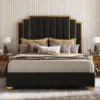 King Size Upholstered Bed, Velvet Beds Frame with 65.4” Tall Gold Trim Headboard, No Box Spring Needed, Bed Frame 1