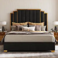 King Size Upholstered Bed, Velvet Beds Frame with 65.4” Tall Gold Trim Headboard, No Box Spring Needed, Bed Frame 1