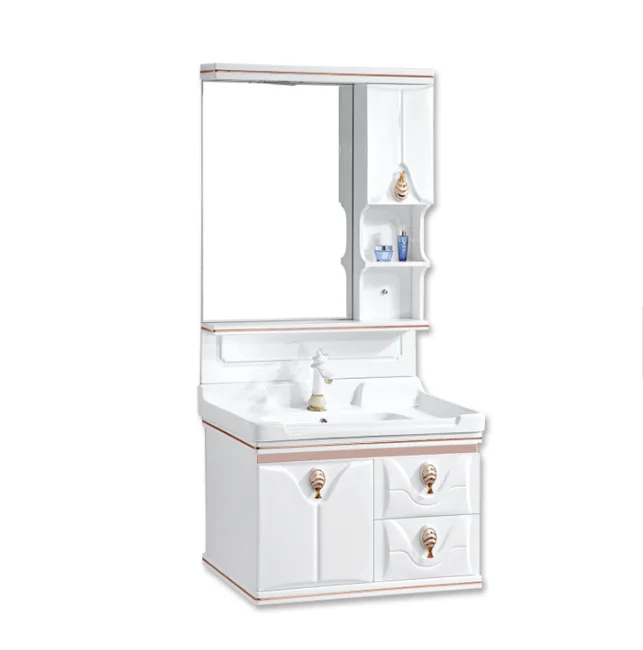 White Wall Mounted PVC Bathroom Cabinet With Ceramic Basin And Mirror Pvc Bathroom Cabinet Led Mirror