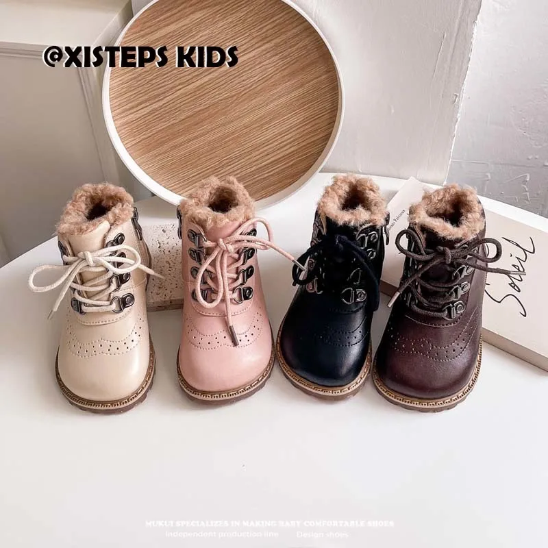 

Elegant Chidlren Girls Boys Winter Leather Boots With Thicken Fur Toddler British Style Ankle Boots Non-slip Outdoor Shoes