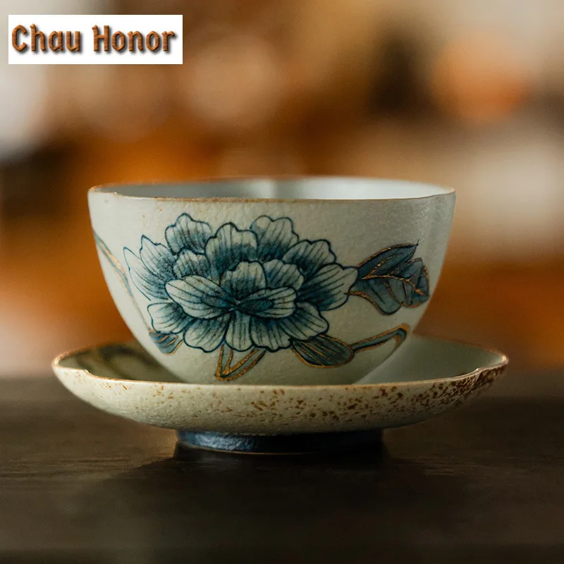 100ml Blue And White Flint Red Tea Cup Handmade Gold Drawing Peony Flower Tea Bowl With Saucer Kit Personal Master Cup Drinkware