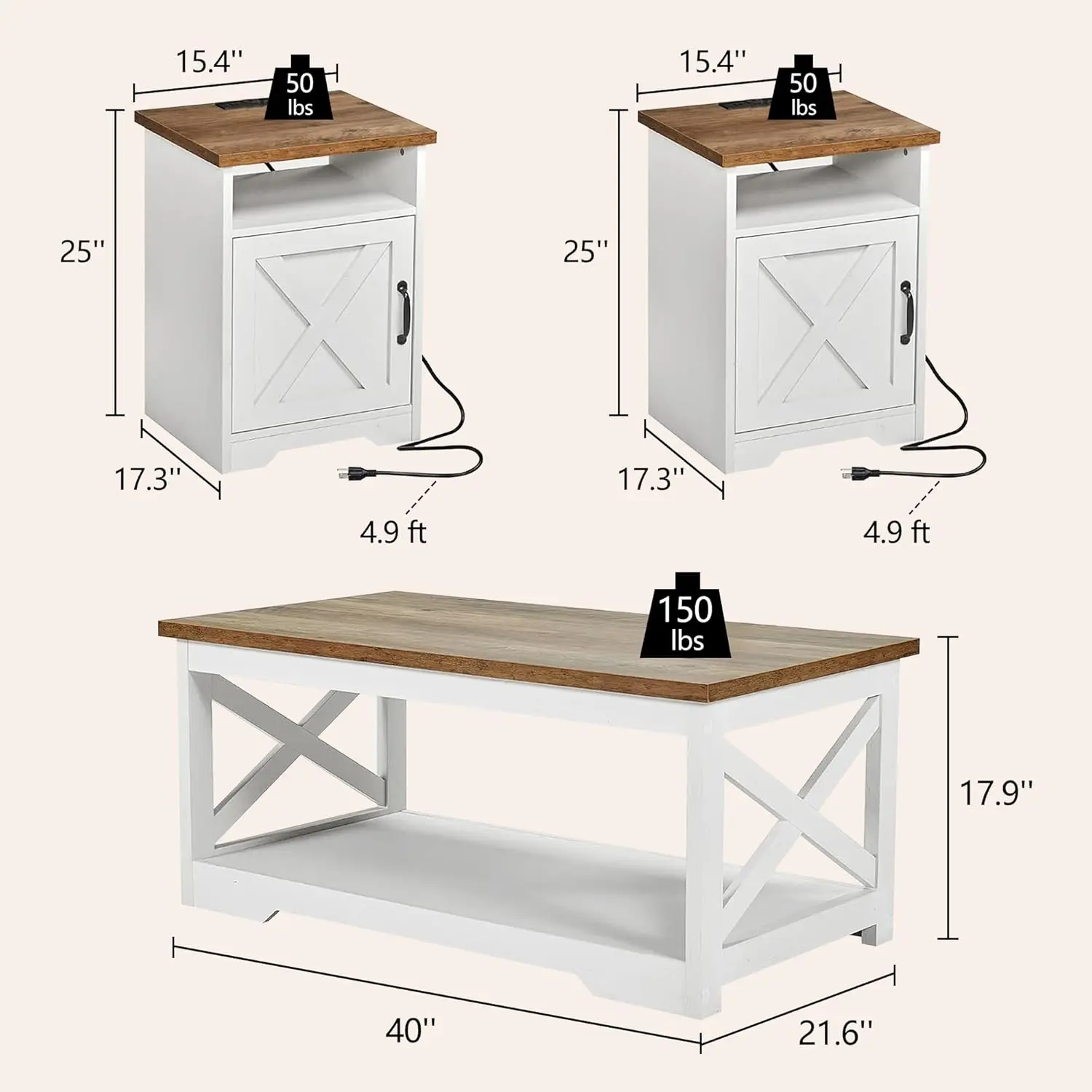 3-Piece Farmhouse Living Room Table Sets, Includes 1 x Coffee Table, 2 x End Tables with Charging Station & USB, Customized