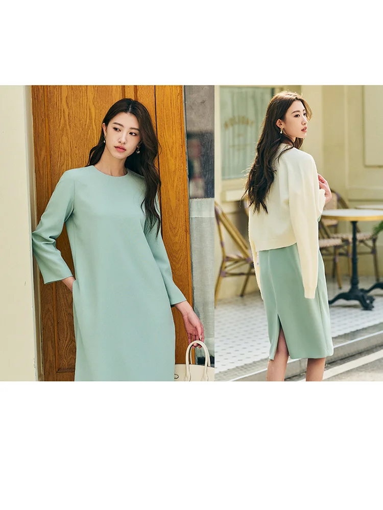 

American C Order Imported from Japan Triacetic Acid Round Neck 3/4 Sleeves Simple Solid Color Loose Straight Dress