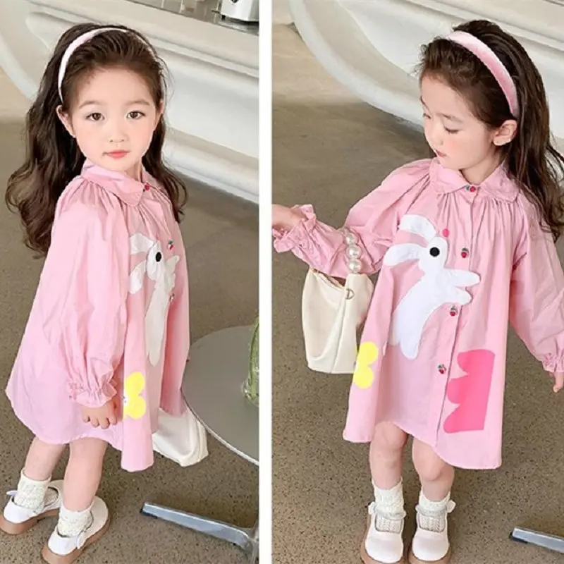 

Girl's Shirt Cartoon Rabbit Long Shirt Dress 2024 Spring and Autumn New Children's Clothing White Blouse
