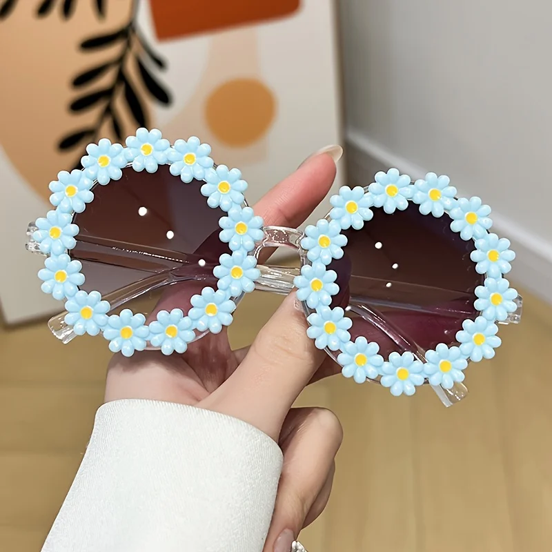 Children's Cute Daisy Charms Round Frame Fashion Glasses, For Boys Girls Holiday Party Outdoor Accessories, Photography Props