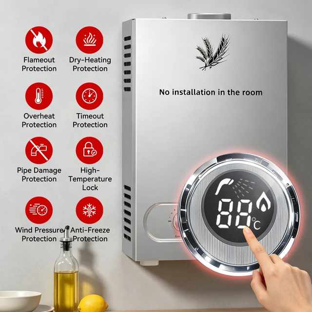 Chauffe-eau sans réservoir portable SIHAO 8L au GPL, en acier inoxydable, avec affichage de la température, pour intérieur/extérieur, pour la maison et les entreprises 8 1