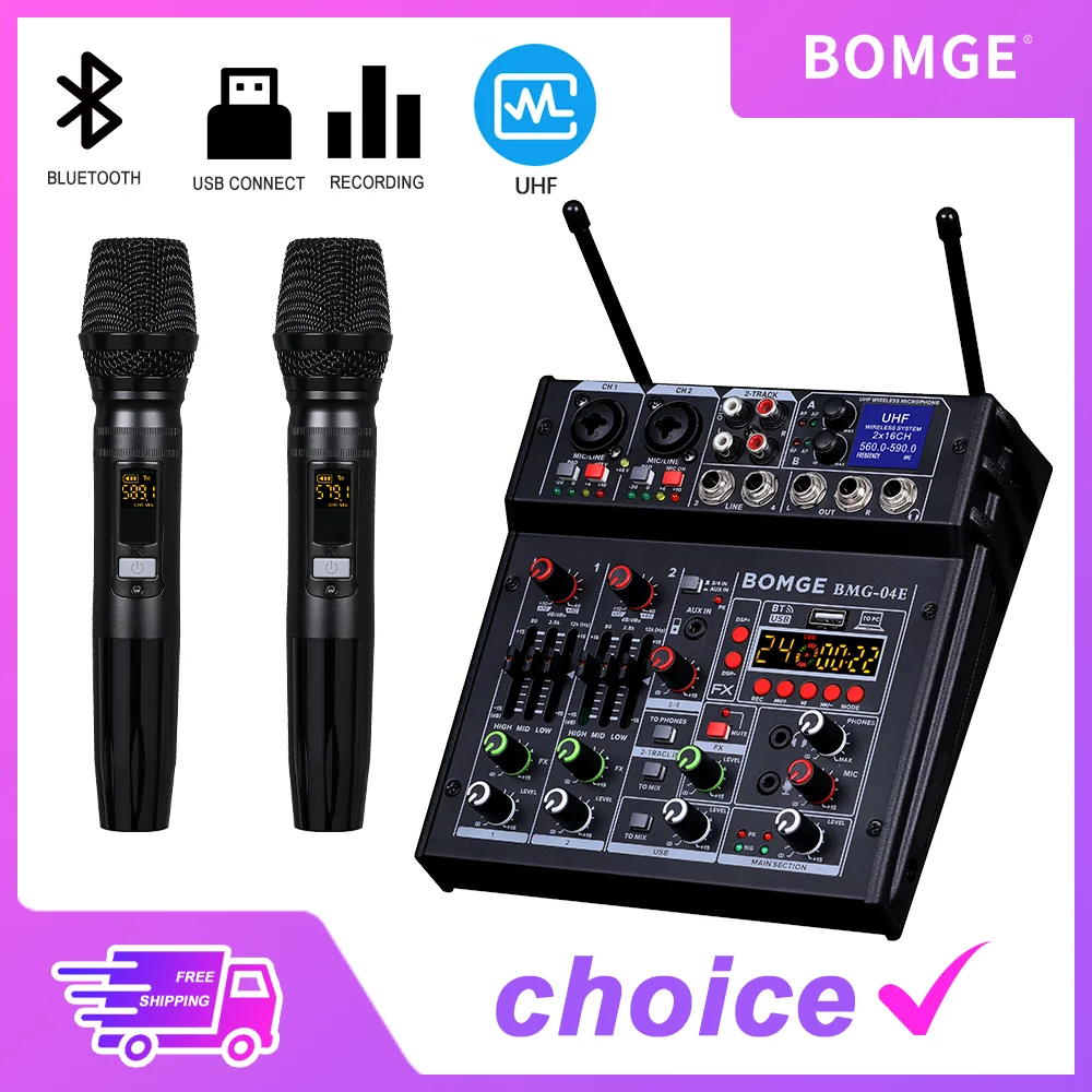 Audio mixer 24DSP 4 Channel metal Sound console USB interface With 2Channel UHF Wireless DJ karaoke microphone for Recording PC