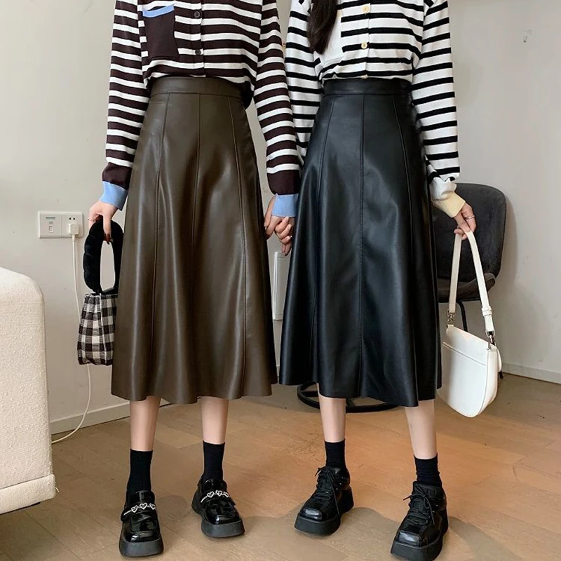 

Black Faux PU Leather Women Skirts Autumn Winter Korean High Waist A Line Skirts Female Chic Umbrella Office Lady Skirt