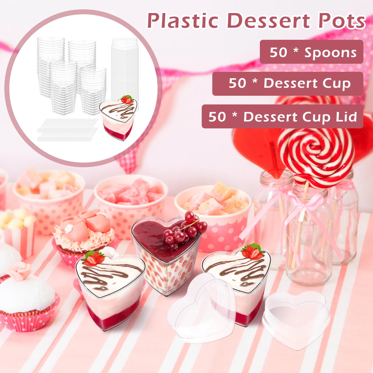 New 50Pcs Dessert Cups with Lids Spoons 6oz/180ml Mini Reusable Dessert Pots Clear Plastic Parfait Appetizer Cup Multi-Purpose