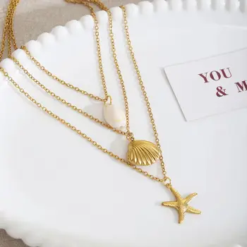 Collane da spiaggia estive per donna Catena multistrato in acciaio inossidabile Stella marina Conchiglia Collana con ciondolo oceano Gioielli Regalo ResortWear 1