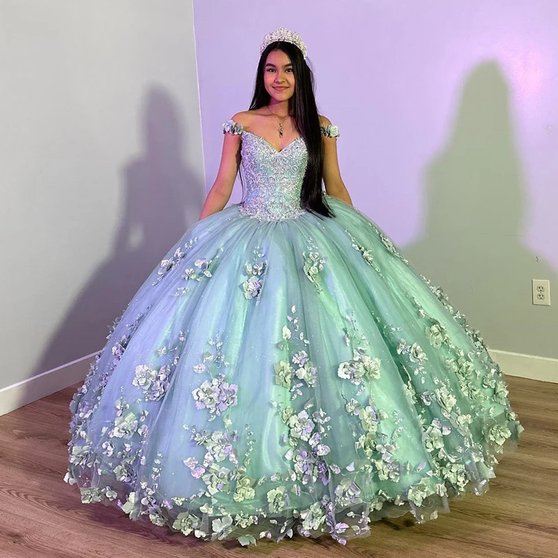 

ANGELSBRIDEP Sage Green Quinceanera Dresses With Wrap 3D Flowers Beads Applique Lace-Up Corset Sweet 15 Dress Party Wear Xv