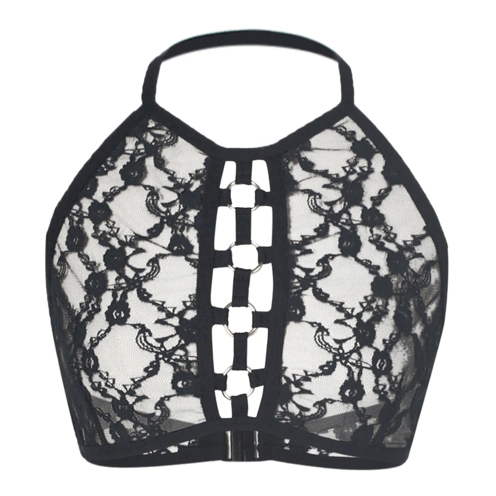 Women Bra Erotic Lingerie Halter Neck Sexy Cross Strappy Bralette Lace Floral Scallop Crop Bust Backless Hollow Out Bandage