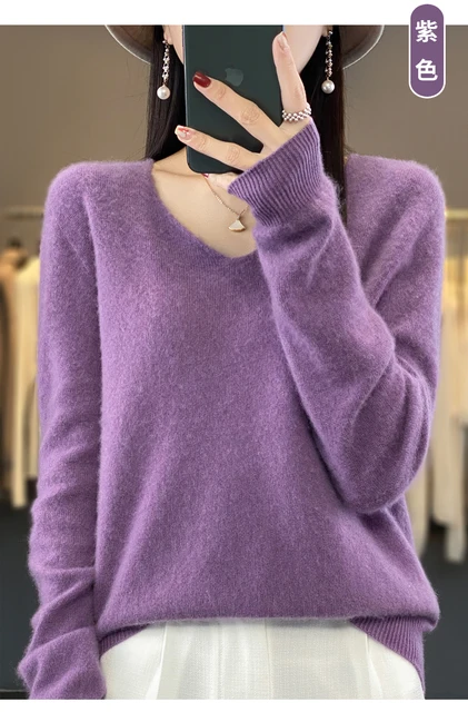 Women's V Neck Hoodie Sweatshirt - Long Sleeve Casual Pullover Hoodie In Purple, Loose Fit - View #3