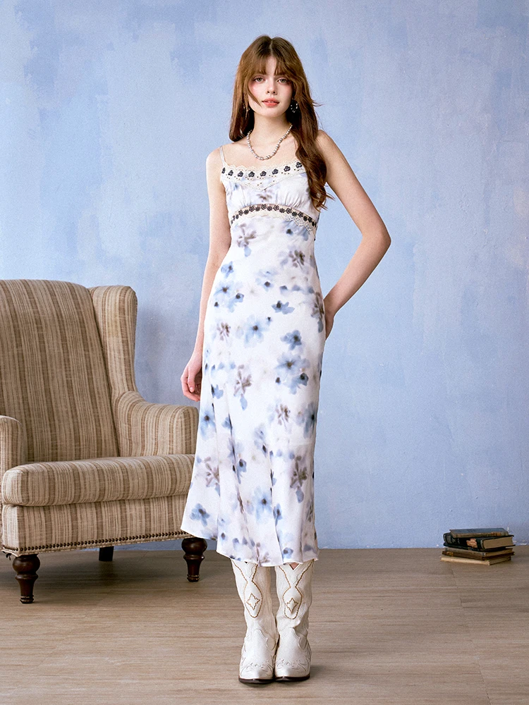 

Women Print Patchwork Suspender Dress French Fashion Summer Embroidery Floral Sleeveless Vintage Long Vestidos Party Dress F448