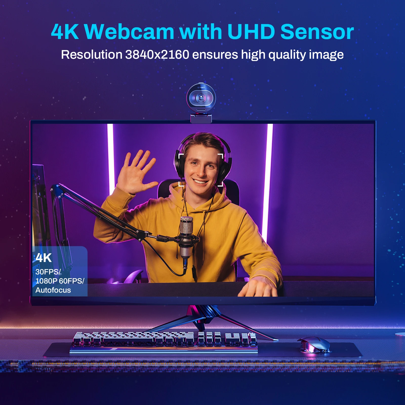 4K Webcam with Microphone, S600 Ultra HD 60FPS Webcam for